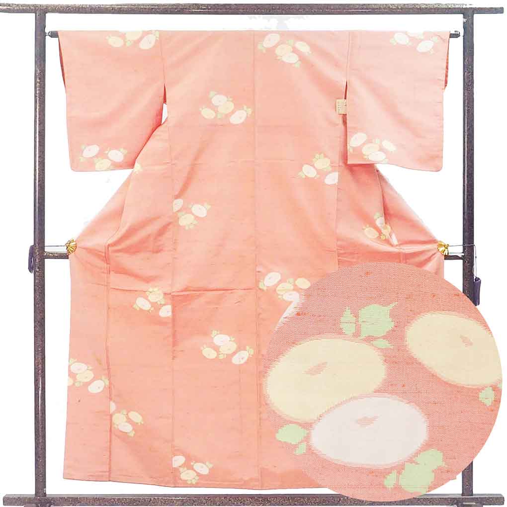 紬 リサイクル着物 身丈158cm 裄63cm 前幅22.5cm 後幅28cm 袖丈49cm 袖幅32cm レディース 袷 万寿菊 裄Mサイズ 秋冬春用 正絹（シルク）オレンジ やや難 リメイク リユース【ランクB】