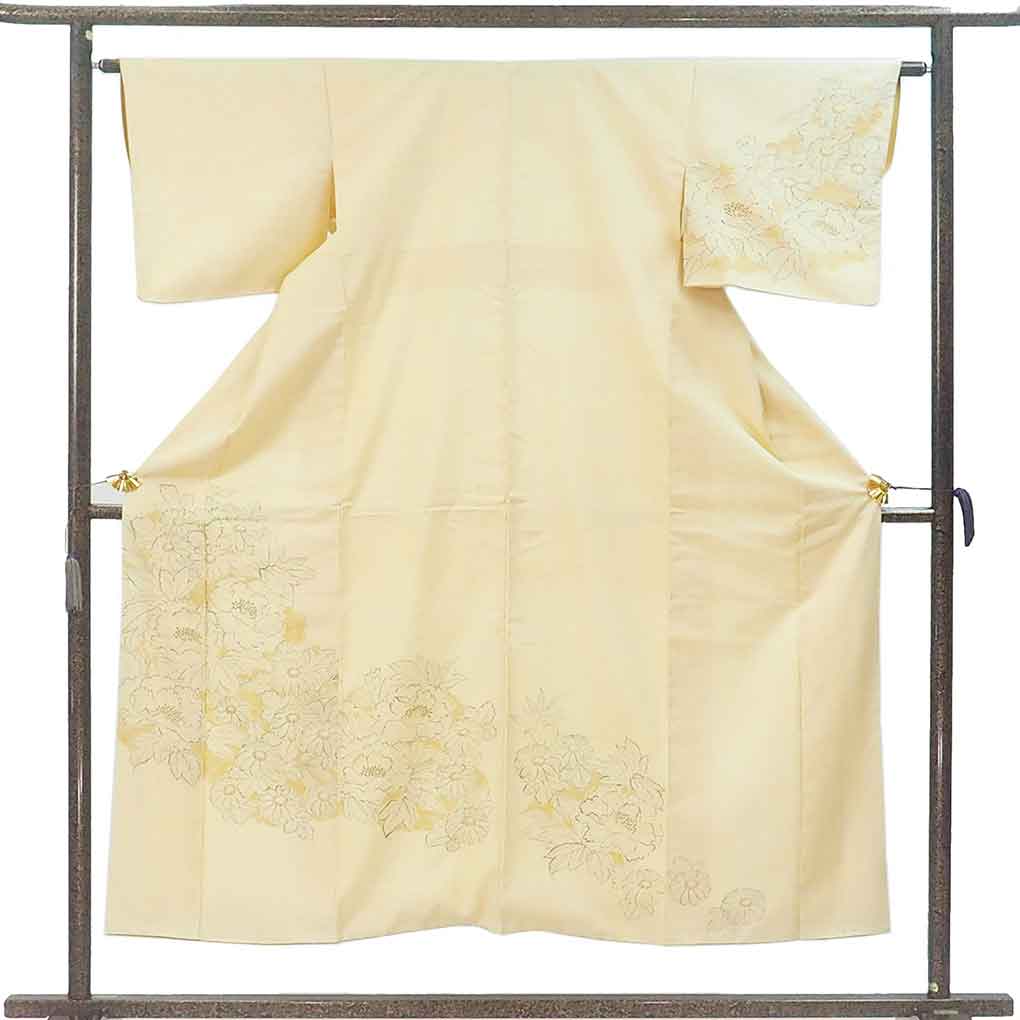 紬 リサイクル着物 身丈151cm 裄63cm 前幅22.5cm 後幅28cm 袖丈44cm 袖幅32.5cm レディース 袷 花柄 裄Mサイズ 秋冬春用 正絹（シルク）イエロー やや難 リメイク リユース【ランクB】