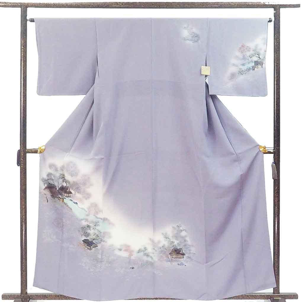 訪問着 リサイクル着物 身丈161cm 裄64cm 前幅24cm 後幅30.5cm 袖丈44cm 袖幅33cm レディース 袷 風景画 裄Mサイズ 秋冬春用 正絹（シルク）パープル 美品 リメイク リユース【ランクA】