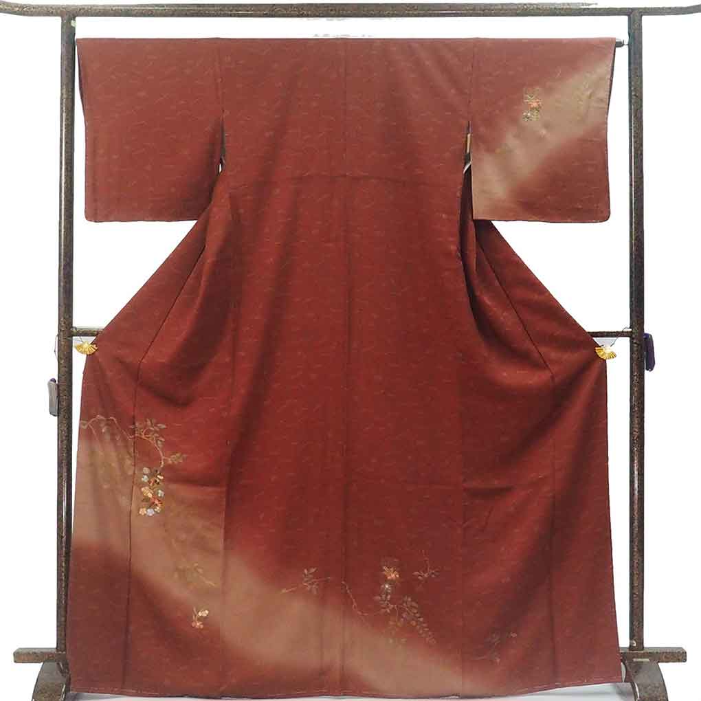 訪問着 リサイクル着物 身丈170cm 裄67cm 前幅24cm 後幅30cm 袖丈49cm 袖幅34cm レディース 袷 松葉 裄長 裄Lサイズ 秋冬春用 正絹（シルク）ブラウン トールサイズ 未使用品 リメイク リユース【ランクS】