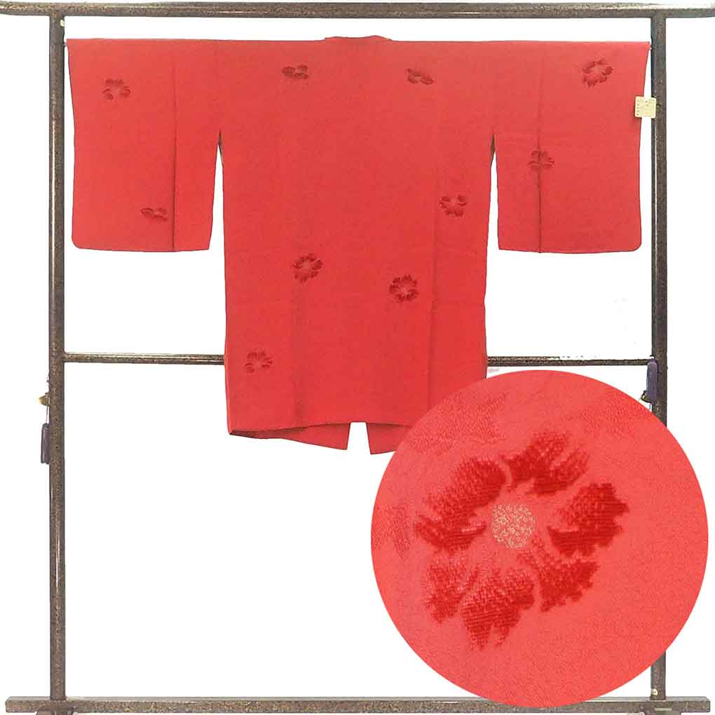 コート リサイクル着物 コート丈91cm 裄68cm 袖丈50cm 袖幅34cm レディース 袷 花柄 裄長 裄Lサイズ 秋冬春用 正絹（シルク）レッド 美品 リメイク リユース【ランクA】
