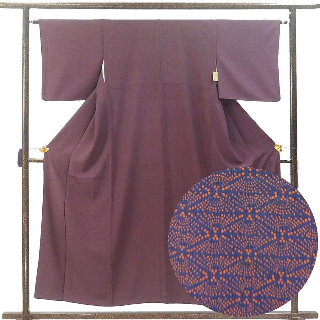 小紋 リサイクル着物 身丈153cm 裄63cm 前幅26cm 後幅30cm 袖丈45cm 袖幅32cm レディース 袷 扇面 裄Mサイズ 秋冬春用 正絹（シルク）パープル やや難 リメイク リユース【ランクB】