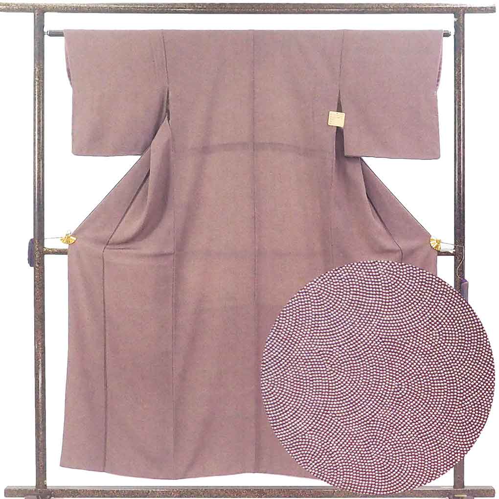 小紋 リサイクル着物 身丈155cm 裄63cm 前幅24cm 後幅28cm 袖丈45cm 袖幅32cm レディース 袷 鮫小紋 裄Mサイズ 秋冬春用 正絹（シルク）パープル 美品 リメイク リユース【ランクA】