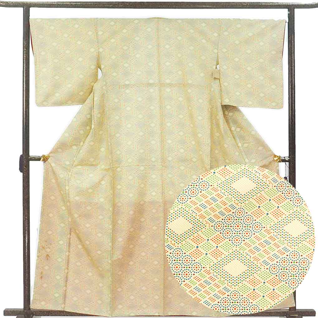 小紋 リサイクル着物 身丈161cm 裄67cm 前幅26cm 後幅30cm 袖丈50cm 袖幅34cm レディース 袷 連続模様 裄長 裄Lサイズ 秋冬春用 正絹（シルク）イエロー 難有り リメイク リユース【ランクC】