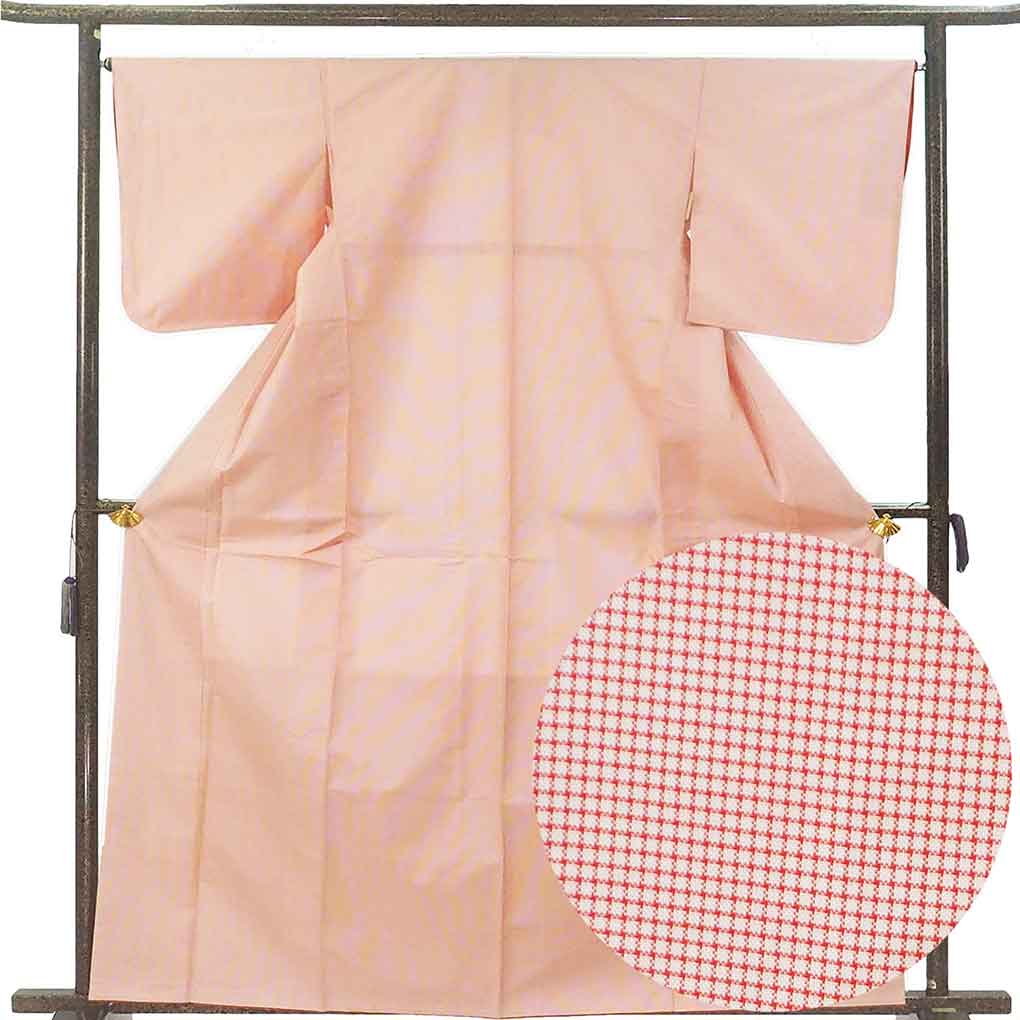 紬 リサイクル着物 身丈164cm 裄66cm 前幅22.5cm 後幅29cm 袖丈49cm 袖幅34cm レディース 袷 格子 裄長 裄M-Lサイズ 秋冬春用 正絹（シルク）ピンク トールサイズ 未使用品 リメイク リユース【ランクS】