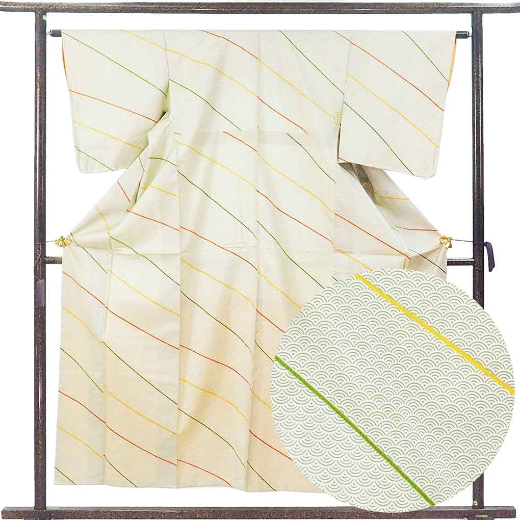 小紋 リサイクル着物 身丈155cm 裄63cm 前幅24.5cm 後幅28.5cm 袖丈49cm 袖幅32cm レディース 袷 青海波 裄Mサイズ 秋冬春用 正絹（シルク）イエロー やや難 リメイク リユース【ランクB】