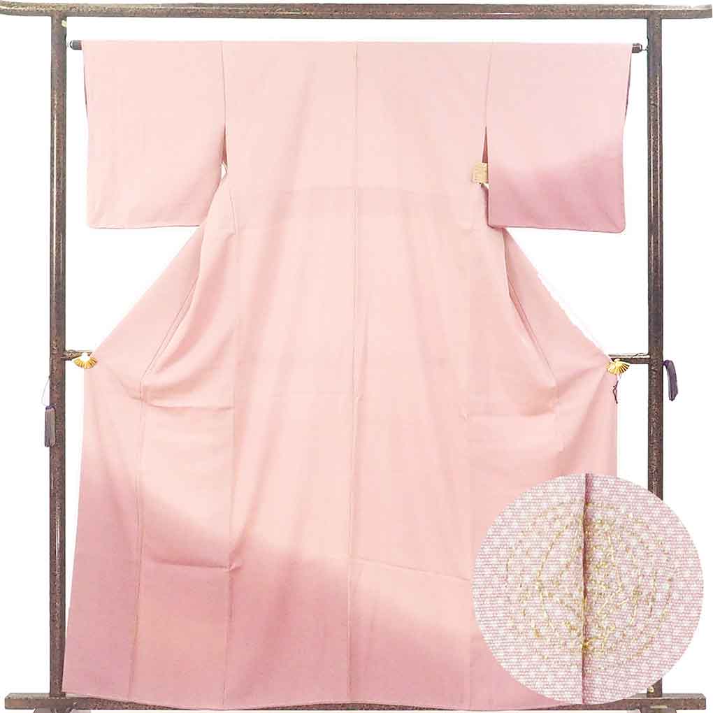 付下 リサイクル着物 身丈160cm 裄64cm 前幅22.5cm 後幅30.5cm 袖丈46cm 袖幅32cm レディース 袷 鮫小紋 裄Mサイズ 秋冬春用 正絹（シルク）ピンク 未使用品 リメイク リユース【ランクS】