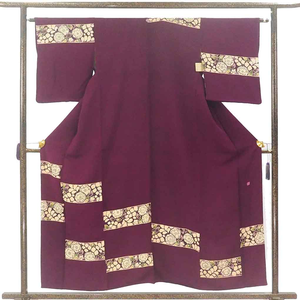 訪問着 リサイクル着物 身丈156cm 裄63cm 前幅24cm 後幅30cm 袖丈49cm 袖幅32cm レディース 袷 辻ヶ花 裄Mサイズ 秋冬春用 正絹（シルク）パープル やや難 リメイク リユース【ランクB】