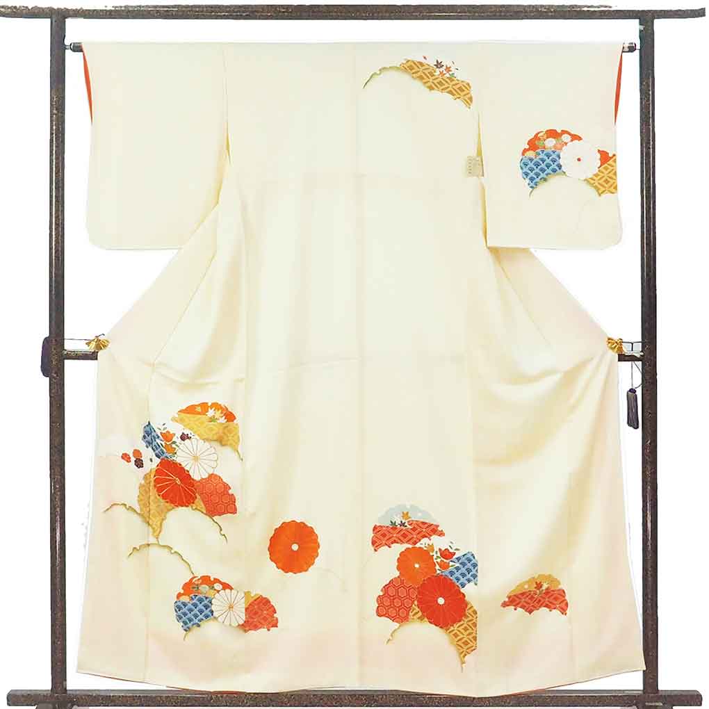 訪問着 リサイクル着物 身丈158cm 裄64cm 前幅24cm 後幅29cm 袖丈51cm 袖幅32cm レディース 袷 雪輪 裄Mサイズ 秋冬春用 正絹（シルク）イエロー 美品 リメイク リユース【ランクA】