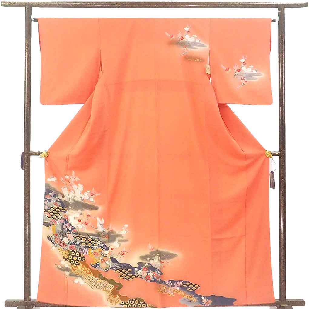 訪問着 リサイクル着物 身丈161cm 裄64cm 前幅24cm 後幅30cm 袖丈49cm 袖幅33cm レディース 袷 花柄 裄Mサイズ 秋冬春用 正絹（シルク）オレンジ 美品 リメイク リユース【ランクA】