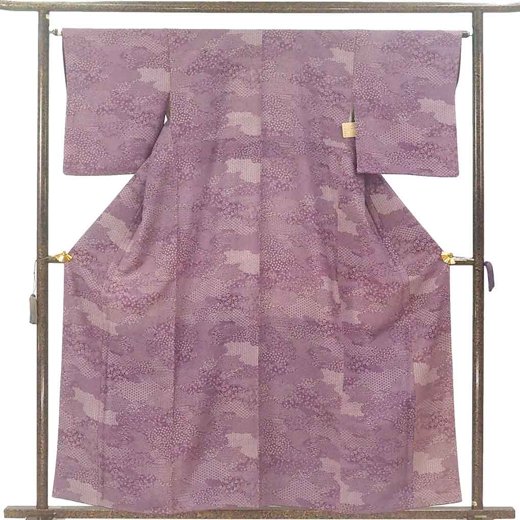 小紋 リサイクル着物 身丈159cm 裄64cm 前幅24cm 後幅30cm 袖丈49cm 袖幅33cm レディース 袷 江戸小紋 裄Mサイズ 秋冬春用 正絹（シルク）パープル やや難 リメイク リユース【ランクB】