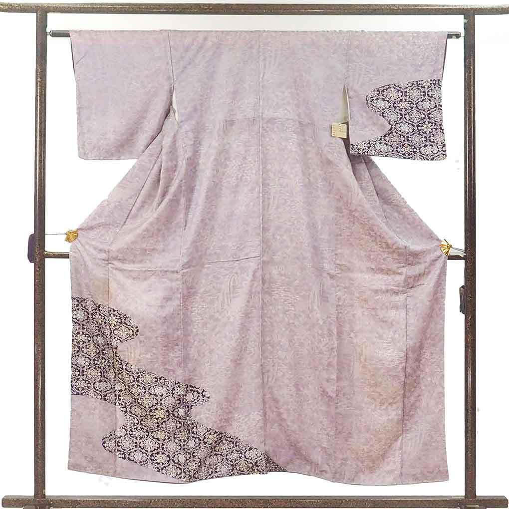 訪問着 リサイクル着物 身丈153cm 裄63cm 前幅23.5cm 後幅28.5cm 袖丈45cm 袖幅32cm レディース 袷 花柄 裄Mサイズ 秋冬春用 正絹（シルク）パープル 難有り リメイク リユース【ランクC】