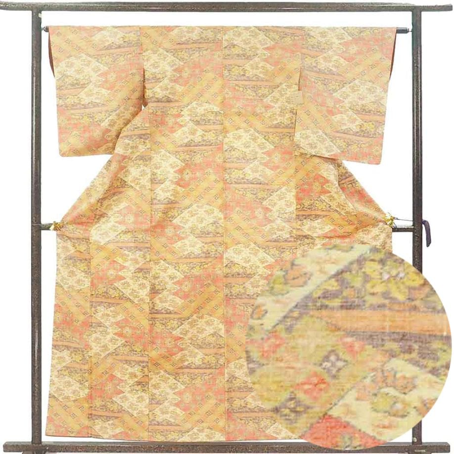 紬 リサイクル着物 身丈159cm 裄64cm 前幅23cm 後幅28cm 袖丈53cm 袖幅33cm レディース 胴抜裾八掛 連続模様 裄Mサイズ 秋冬春用 正絹（シルク）ブラウン 美品 リメイク リユース【ランクA】