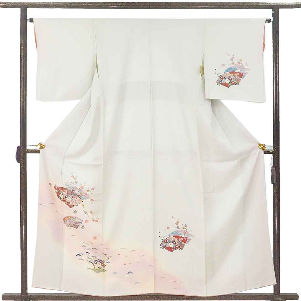 訪問着 リサイクル着物 身丈159cm 裄64cm 前幅24cm 後幅29.5cm 袖丈48cm 袖幅33cm レディース 袷 花柄 裄Mサイズ 秋冬春用 正絹（シルク）ブルー やや難 リメイク リユース【ランクB】