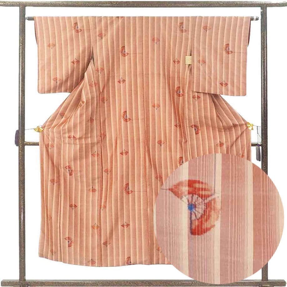 紬 リサイクル着物 身丈150cm 裄62cm 前幅24cm 後幅28.5cm 袖丈48cm 袖幅32cm レディース 袷 扇面 裄Sサイズ 秋冬春用 正絹（シルク）ブラウン 美品 リメイク リユース【ランクA】