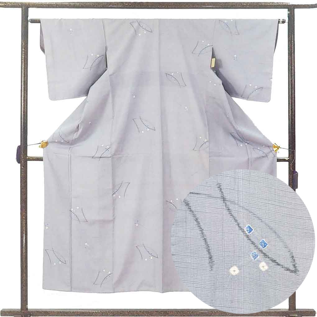 紬 リサイクル着物 身丈156cm 裄62cm 前幅23cm 後幅28cm 袖丈47cm 袖幅32cm レディース 袷 抽象柄 裄Sサイズ 秋冬春用 正絹（シルク）グレー 美品 リメイク リユース【ランクA】