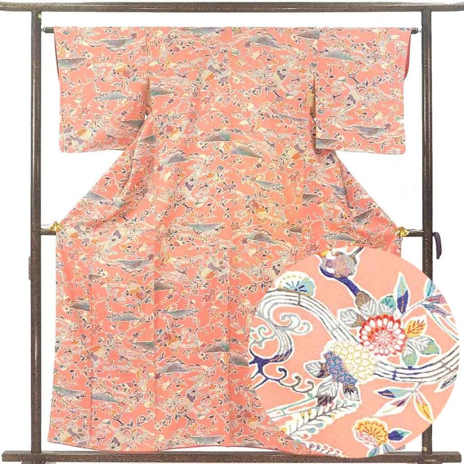 小紋 リサイクル着物 身丈158cm 裄64cm 前幅24cm 後幅29cm 袖丈48cm 袖幅32cm レディース 袷 花柄 裄Mサイズ 秋冬春用 正絹（シルク）ピンク やや難 リメイク リユース【ランクB】