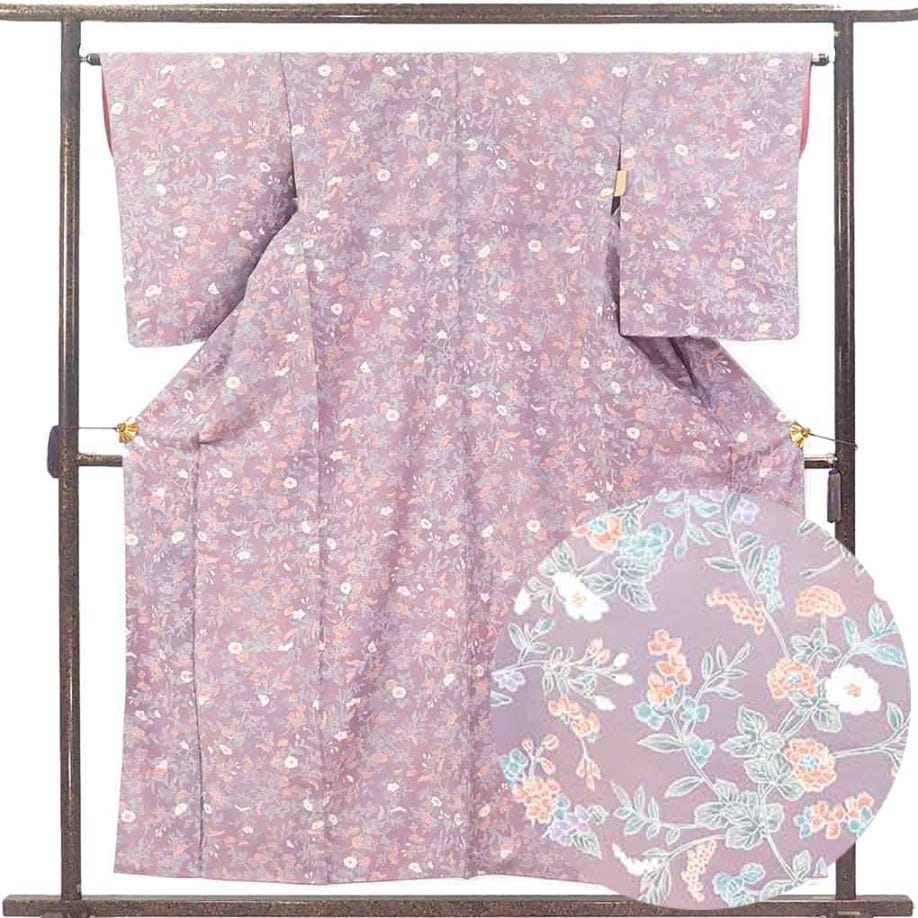 小紋 リサイクル着物 身丈158cm 裄64cm 前幅24cm 後幅29.5cm 袖丈57cm 袖幅32cm レディース 袷 花柄 裄Mサイズ 秋冬春用 正絹（シルク）パープル 未使用品 リメイク リユース【ランクS】