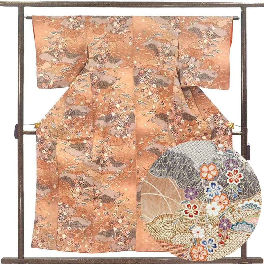 小紋 リサイクル着物 身丈156cm 裄63cm 前幅23cm 後幅29cm 袖丈49cm 袖幅33cm レディース 袷 花柄 裄Mサイズ 秋冬春用 正絹（シルク）ブラウン 美品 リメイク リユース【ランクA】