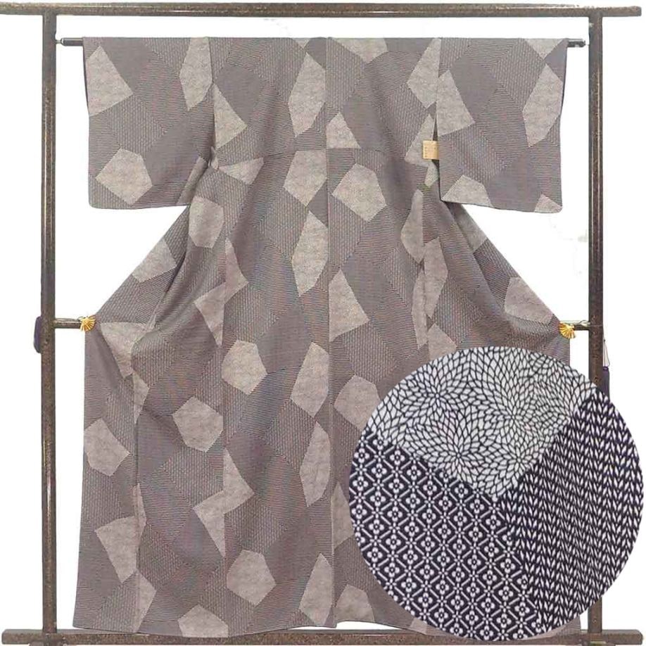 小紋 リサイクル着物 身丈159cm 裄63cm 前幅24.5cm 後幅30cm 袖丈46.5cm 袖幅32cm レディース 袷 連続模様 裄Mサイズ 秋冬春用 正絹（シルク）パープル 未使用品 リメイク リユース【ランクS】