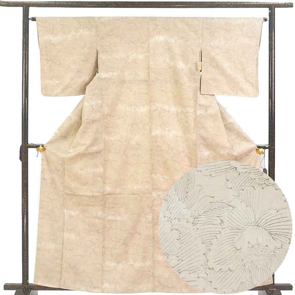 紬 リサイクル着物 身丈162cm 裄64cm 前幅24.5cm 後幅29.5cm 袖丈49cm 袖幅33cm レディース 袷 花柄 裄Mサイズ 秋冬春用 正絹（シルク）ブラウン 未使用品 リメイク リユース【ランクS】