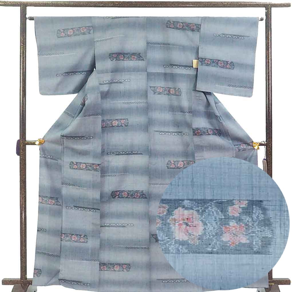 紬 リサイクル着物 身丈166cm 裄64cm 前幅23cm 後幅30cm 袖丈49cm 袖幅32cm レディース 単衣 花柄 裄Mサイズ 初夏・初秋用 正絹（シルク）グレー トールサイズ 未使用品 リメイク リユース【ランクS】