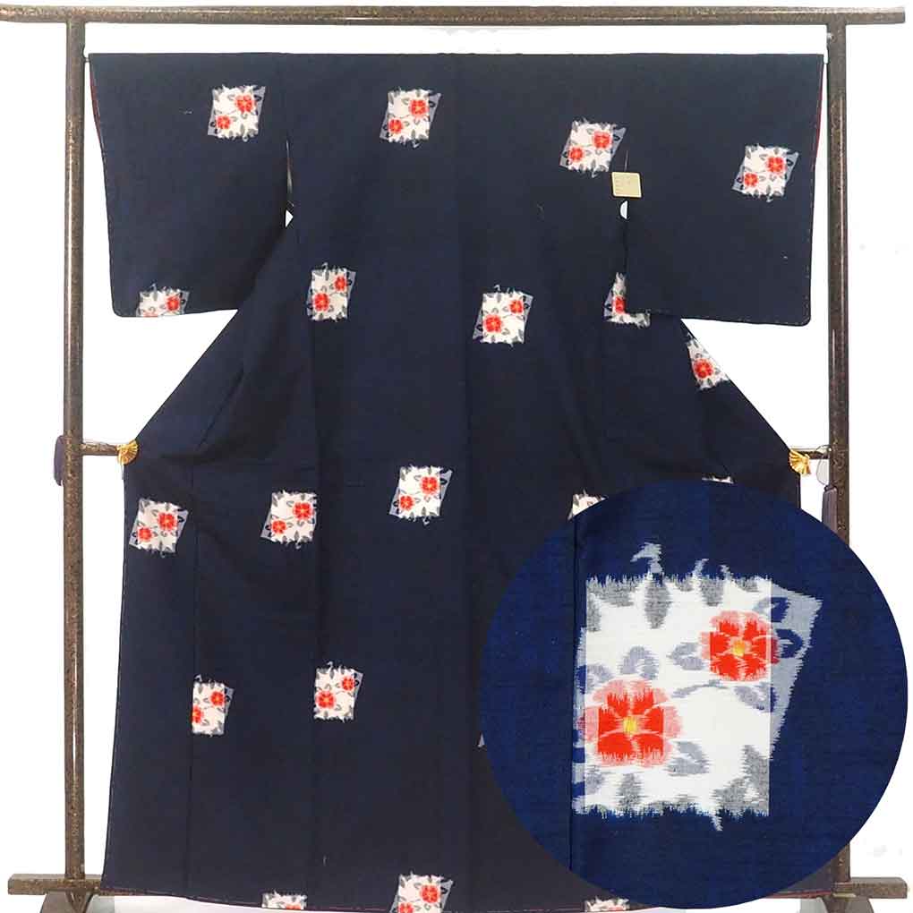 紬 リサイクル着物 身丈165cm 裄67cm 前幅23cm 後幅30cm 袖丈53cm 袖幅34cm レディース 袷 花柄 裄長 裄Lサイズ 秋冬春用 正絹（シルク）ネイビー トールサイズ 未使用品 リメイク リユース【ランクS】
