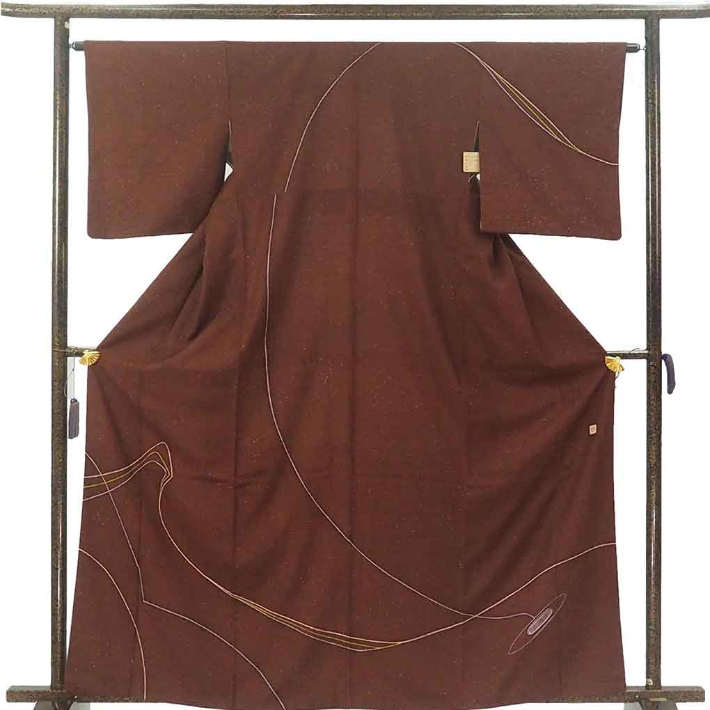付下 リサイクル着物 身丈163cm 裄64cm 前幅24cm 後幅28cm 袖丈49cm 袖幅33cm レディース 袷 杼（織機のシャトル） 裄Mサイズ 秋冬春用 正絹（シルク）ブラウン 美品 作家もの リメイク リユース【ランクA】