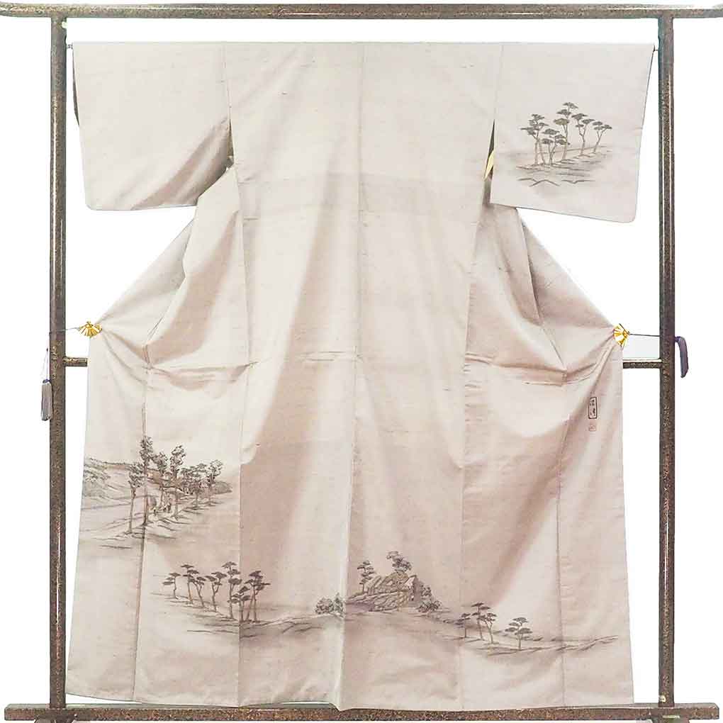 訪問着 リサイクル着物 身丈160cm 裄67cm 前幅24.5cm 後幅30cm 袖丈43cm 袖幅34cm レディース 袷 風景画 裄長 裄Lサイズ 秋冬春用 正絹（シルク）グレー 美品 作家もの リメイク リユース【ランクA】
