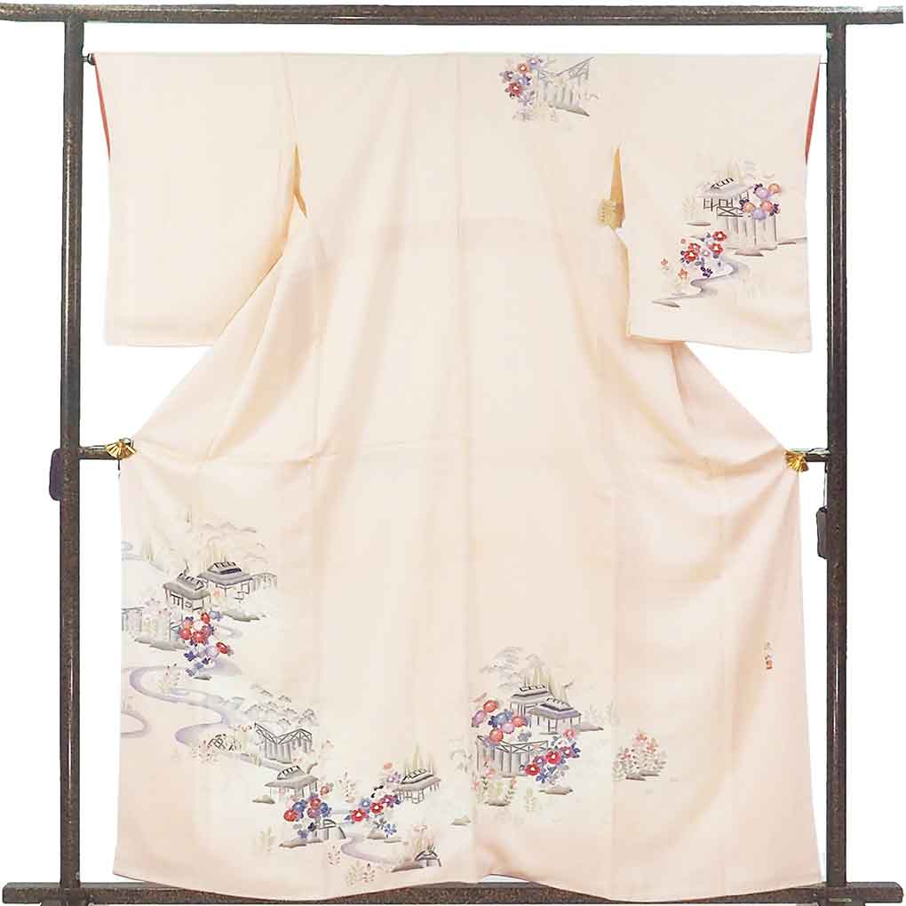 訪問着 リサイクル着物 身丈161cm 裄66cm 前幅24cm 後幅29cm 袖丈56cm 袖幅34cm レディース 袷 花柄 裄長 裄M-Lサイズ 秋冬春用 正絹（シルク）ピンク 未使用品 リメイク リユース【ランクS】