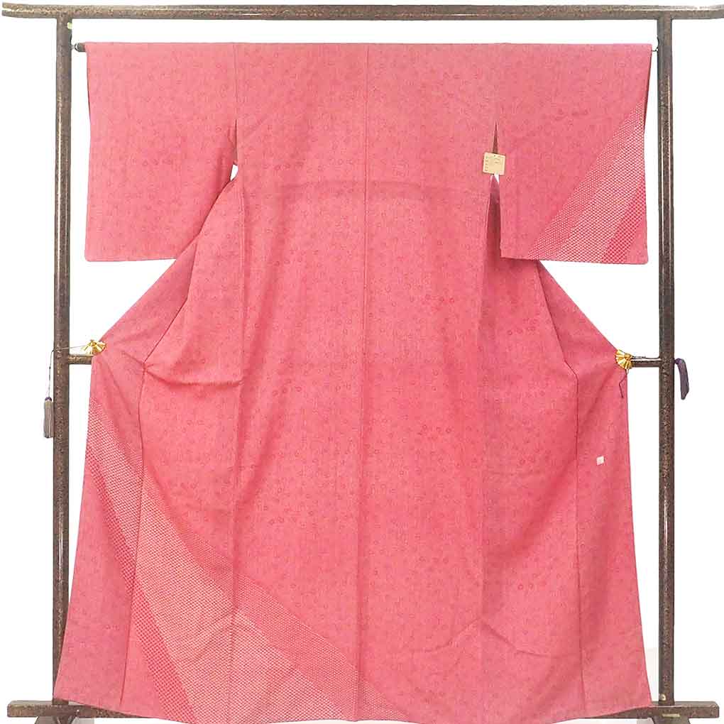 付下 リサイクル着物 身丈162cm 裄66cm 前幅25cm 後幅30cm 袖丈52cm 袖幅34cm レディース 袷 江戸小紋 裄長 裄M-Lサイズ 秋冬春用 正絹（シルク）レッド 美品 リメイク リユース【ランクA】