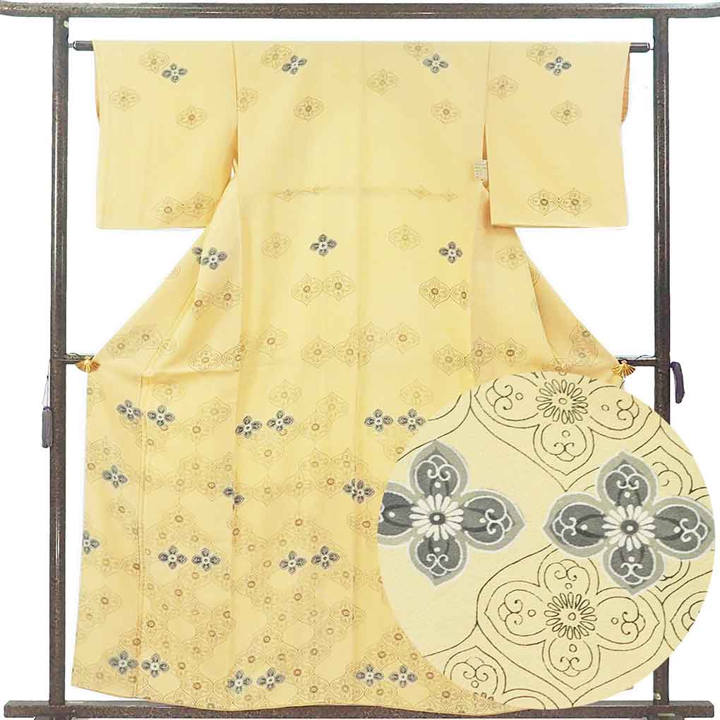 付下 リサイクル着物 身丈160cm 裄62cm 前幅22cm 後幅29cm 袖丈46cm 袖幅32cm レディース 袷 抽象柄 裄Sサイズ 秋冬春用 正絹（シルク）イエロー やや難 リメイク リユース【ランクB】