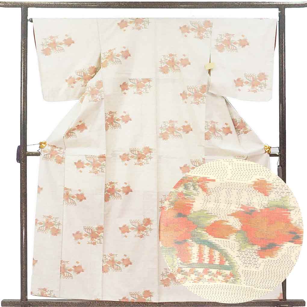 紬 リサイクル着物 身丈161cm 裄66cm 前幅23cm 後幅30cm 袖丈48cm 袖幅34cm レディース 袷 花柄 裄長 裄M-Lサイズ 秋冬春用 正絹（シルク）ホワイト 美品 リメイク リユース【ランクA】