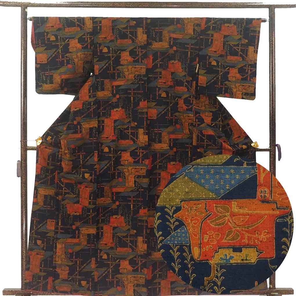 紬 リサイクル着物 身丈162cm 裄64.5cm 前幅24cm 後幅30cm 袖丈49cm 袖幅33.5cm レディース 袷 風景画 裄Mサイズ 秋冬春用 正絹（シルク）ネイビー 美品 リメイク リユース【ランクA】