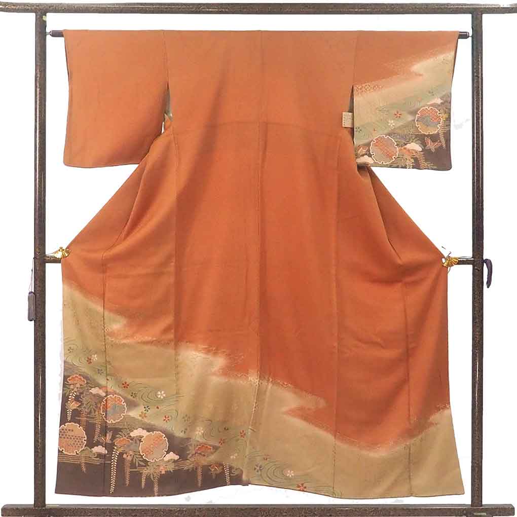 訪問着 リサイクル着物 身丈155cm 裄63cm 前幅23cm 後幅29cm 袖丈47cm 袖幅31cm レディース 袷 雪輪 裄Mサイズ 秋冬春用 正絹（シルク）ブラウン 美品 リメイク リユース【ランクA】