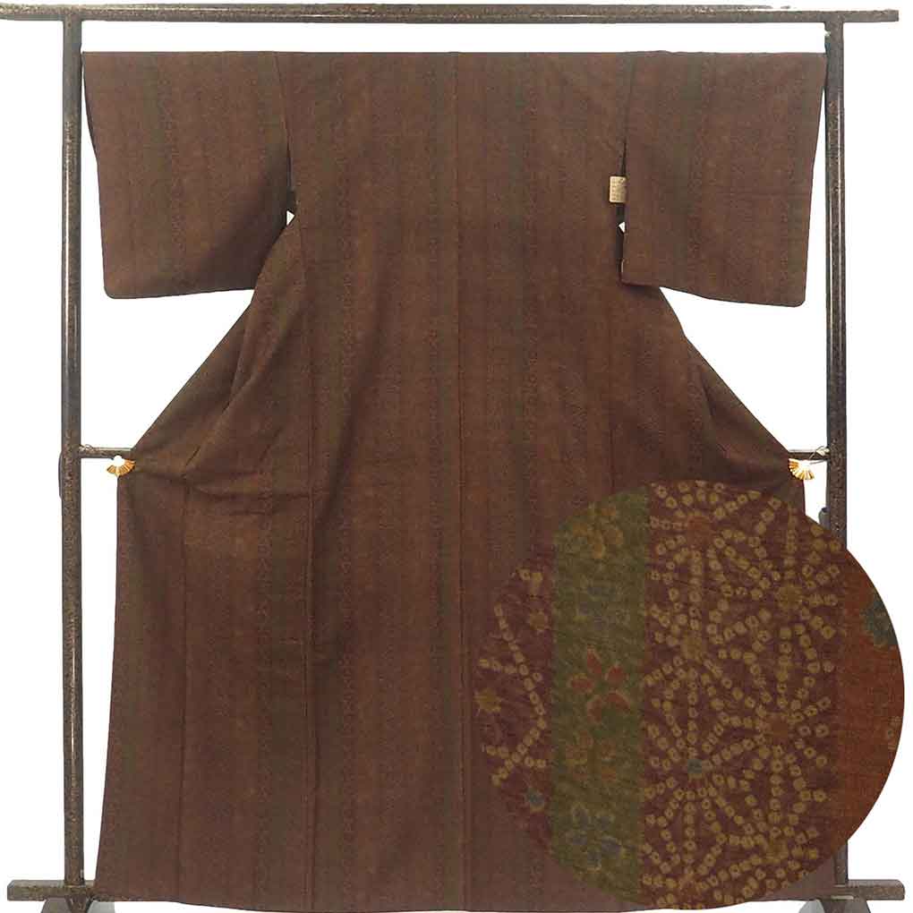 小紋 リサイクル着物 身丈164cm 裄68cm 前幅23.5cm 後幅29cm 袖丈49cm 袖幅34cm レディース 袷 連続模様 裄長 裄Lサイズ 秋冬春用 正絹（シルク）ブラウン トールサイズ 美品 リメイク リユース【ランクA】