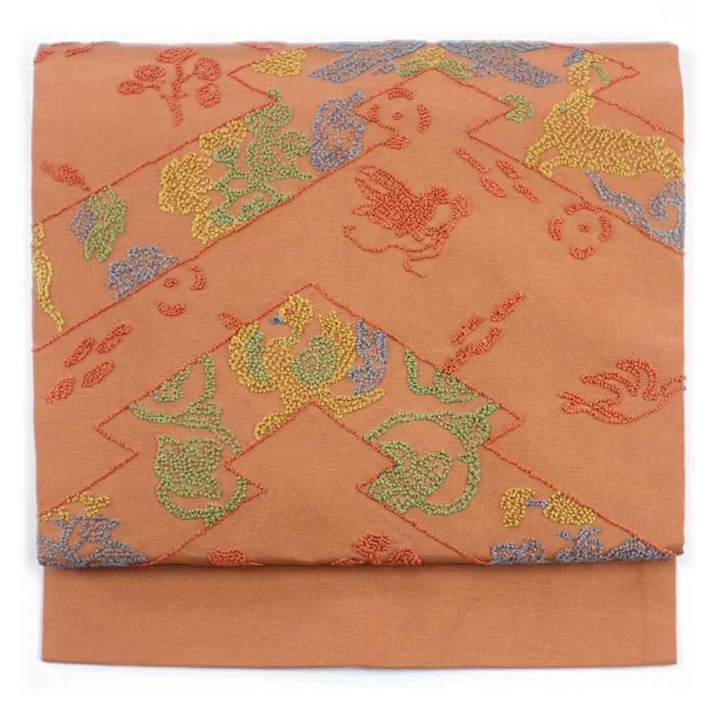 名古屋帯 リサイクル帯 幅31cm 長さ354cm レディース 相良刺繍 秋冬春用 正絹（シルク）ブラウン 美品 リメイク リユース【ランクA】