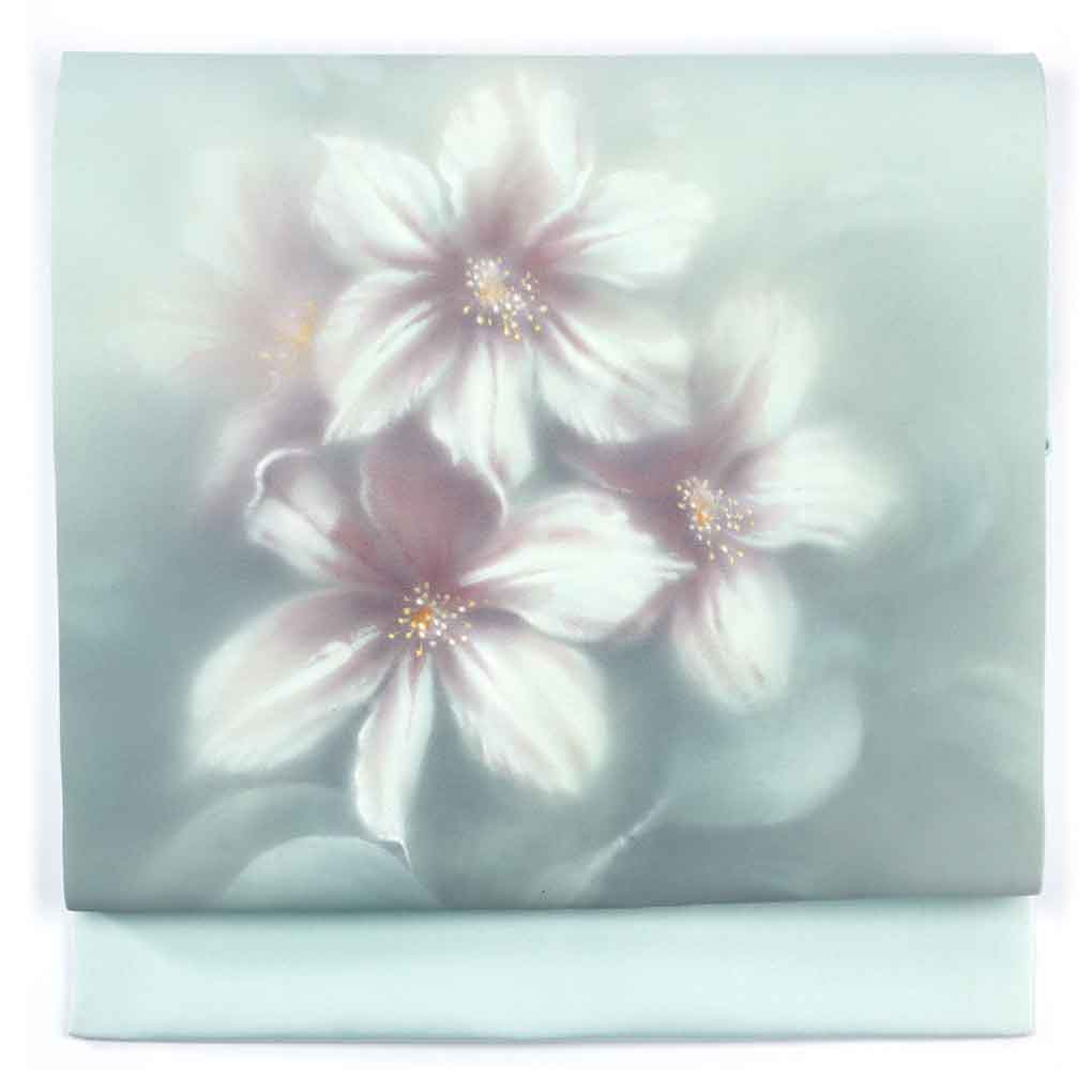 名古屋帯 リサイクル帯 幅30cm 長さ367cm レディース 花柄 秋冬春用 正絹（シルク）ブルー やや難 塩瀬 リメイク リユース【ランクB】