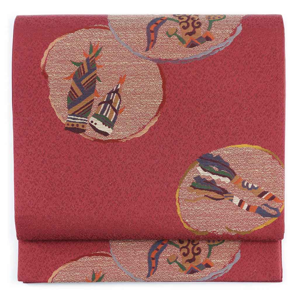 袋帯 リサイクル帯 幅31cm 長さ430cm レディース 野菜柄 秋冬春用 正絹（シルク）レッド 美品 リメイク リユース【ランクA】