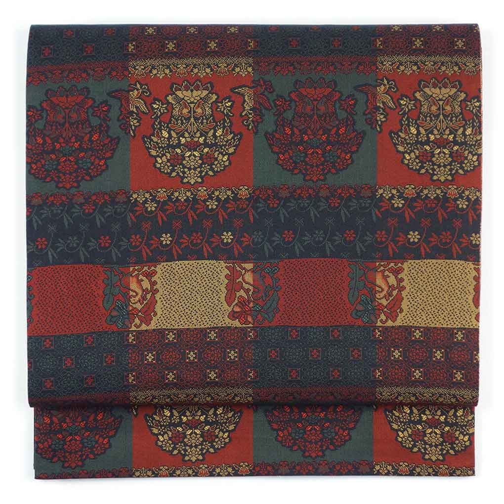 袋帯 リサイクル帯 幅31cm 長さ443cm レディース 連続模様 秋冬春用 正絹（シルク）ブラウン 未使用品 リバーシブル リメイク リユース【ランクS】