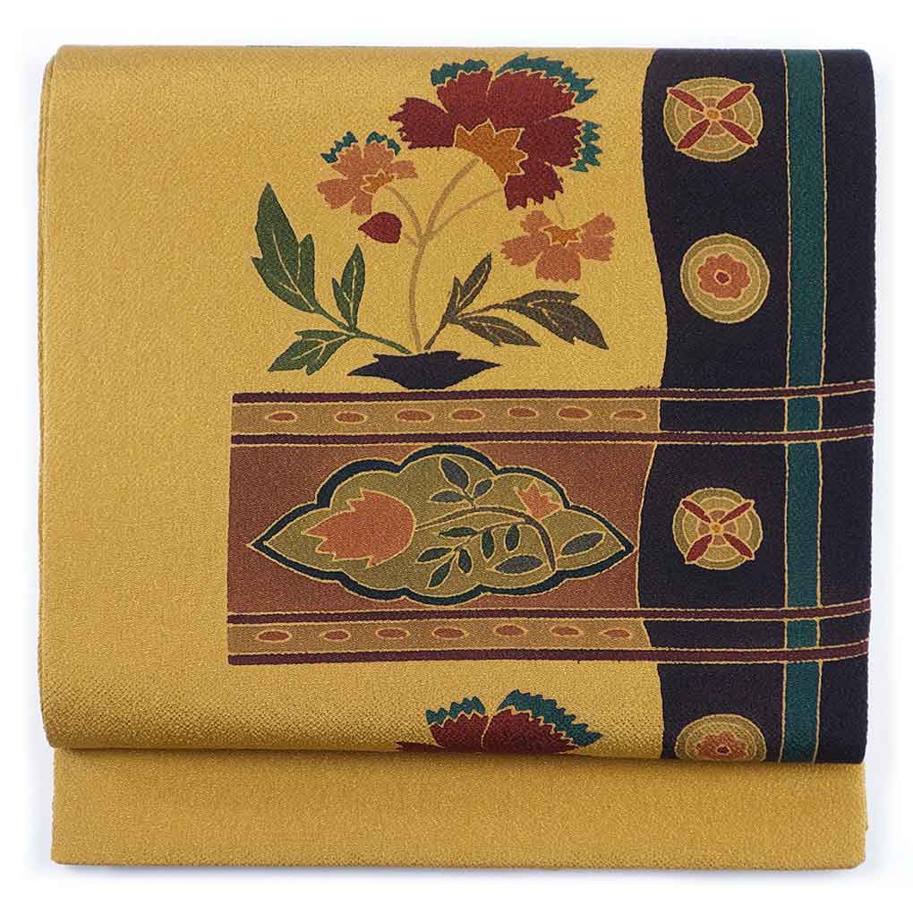 袋帯 リサイクル帯 幅31cm 長さ431cm レディース なでしこ 秋冬春用 正絹（シルク）イエロー 美品 リメイク リユース【ランクA】