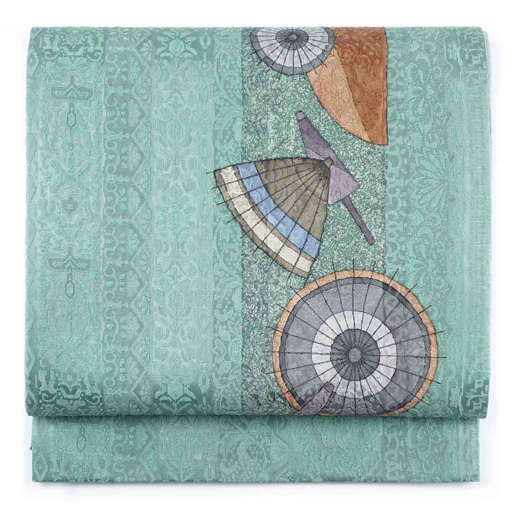 袋帯 リサイクル帯 幅31cm 長さ437cm レディース 傘 秋冬春用 正絹（シルク）グリーン 美品 リメイク リユース【ランクA】