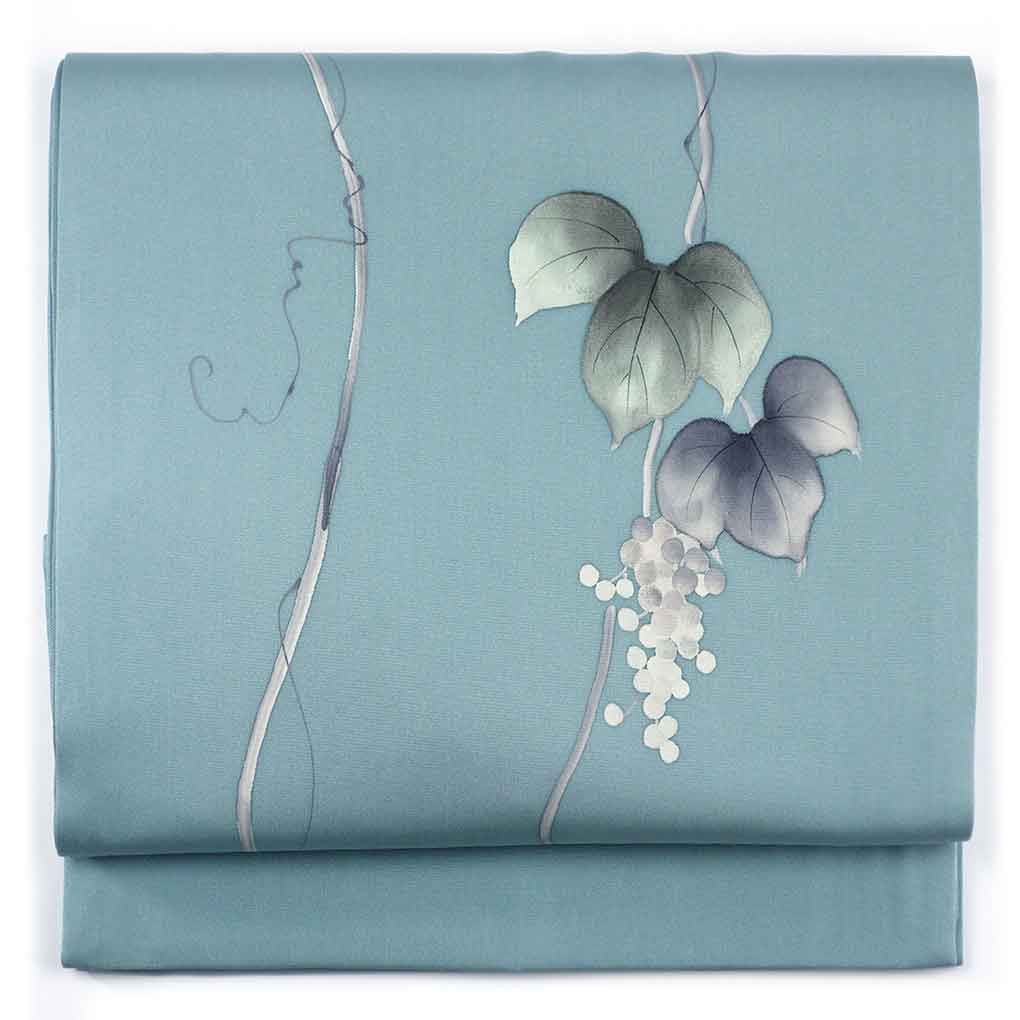 袋帯 リサイクル帯 幅31cm 長さ462cm レディース 葡萄 秋冬春用 正絹（シルク）ブルー やや難 リメイク リユース【ランクB】