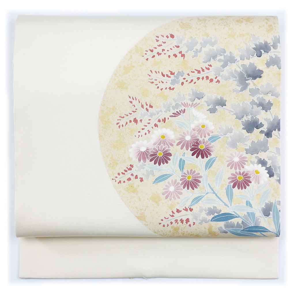 名古屋帯 リサイクル帯 幅31cm 長さ365cm レディース 花柄 秋冬春用 正絹（シルク）ホワイト 美品 塩瀬 リメイク リユース【ランクA】