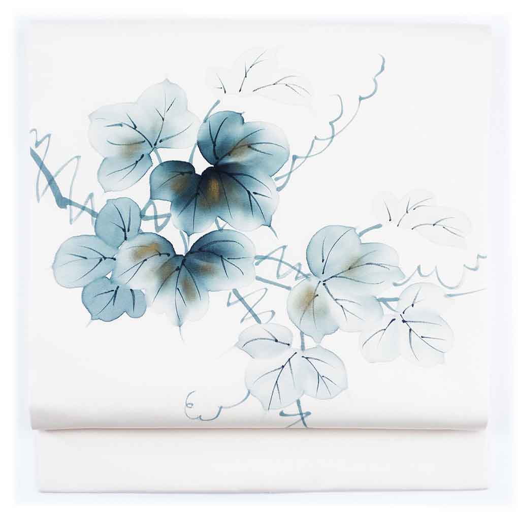 名古屋帯 リサイクル帯 幅30.5cm 長さ365cm レディース 蔦柄 秋冬春用 正絹（シルク）ホワイト 美品 塩瀬 リメイク リユース【ランクA】