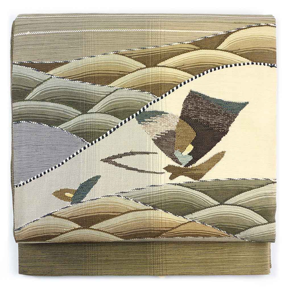 袋帯 リサイクル帯 幅31cm 長さ445cm レディース 抽象柄 秋冬春用 正絹（シルク）ブラウン やや難 リメイク リユース【ランクB】