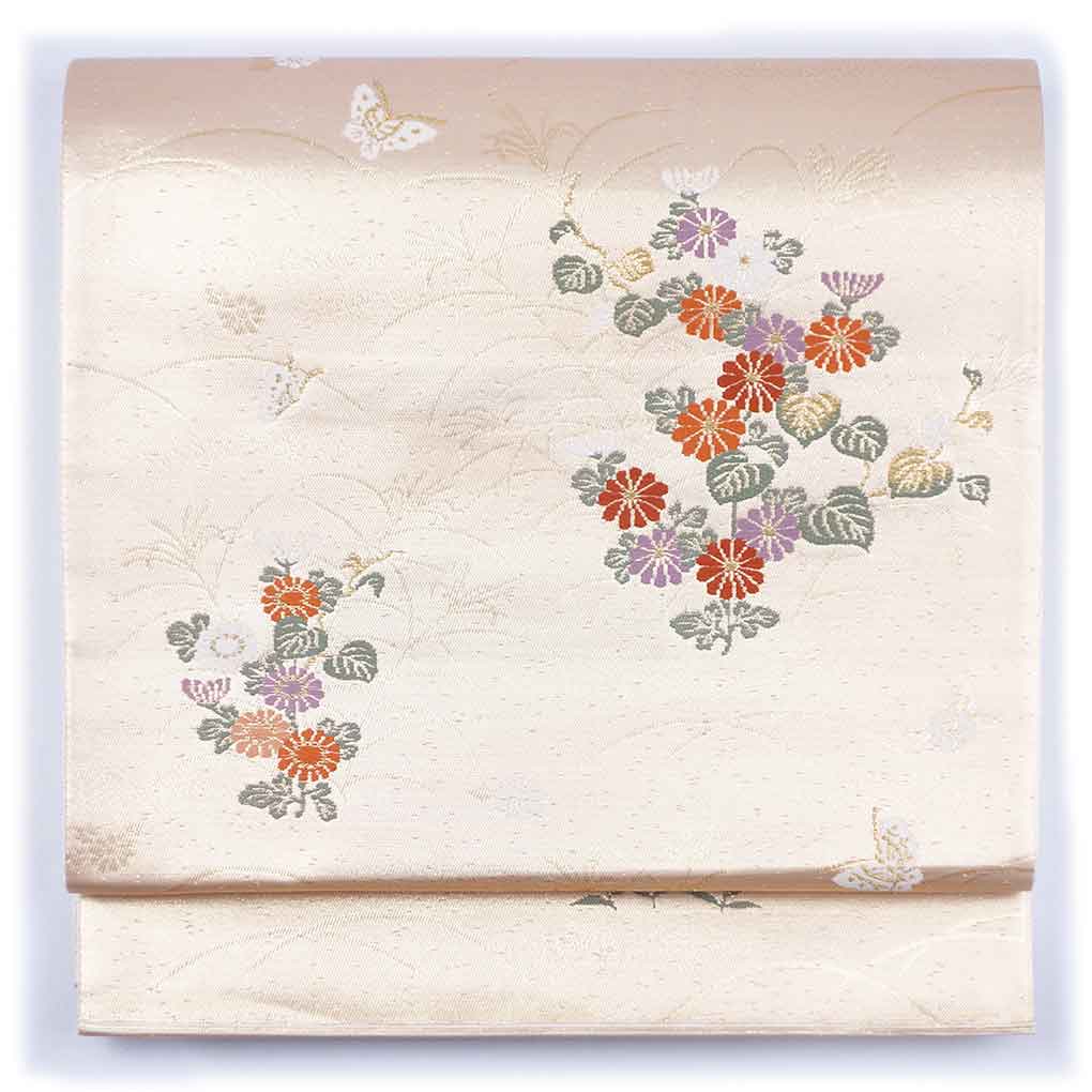 袋帯 リサイクル帯 幅31cm 長さ445cm レディース 花柄 秋冬春用 正絹（シルク）ゴールド 未使用品 リメイク リユース【ランクS】