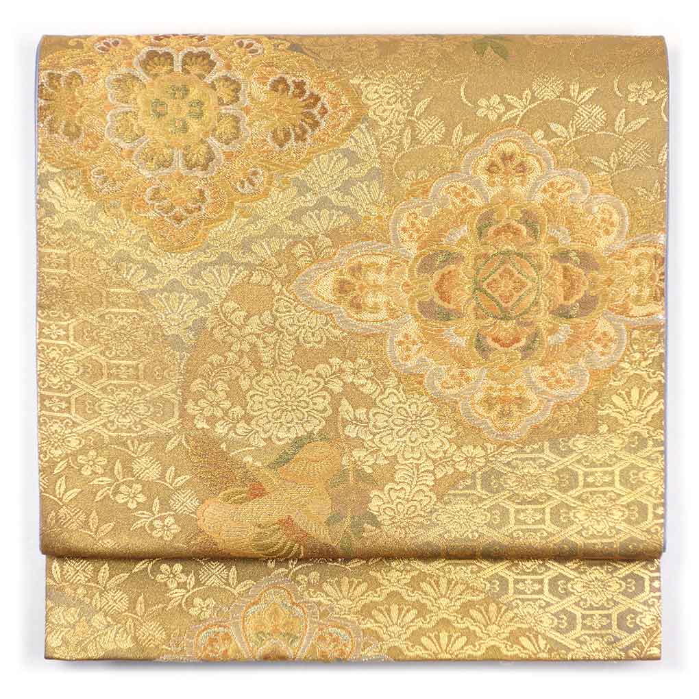 袋帯 リサイクル帯 幅31cm 長さ425cm レディース 花菱 秋冬春用 正絹（シルク）ゴールド やや難 リメイク リユース【ランクB】