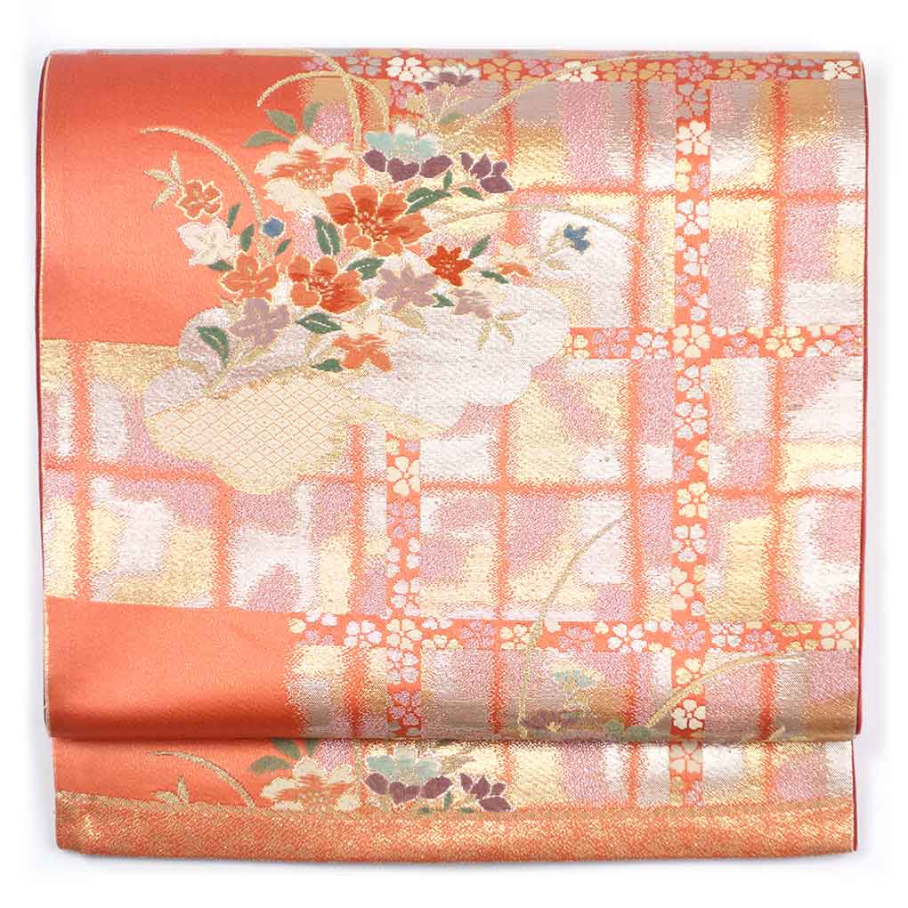 袋帯 リサイクル帯 幅30cm 長さ425cm レディース 花柄 秋冬春用 正絹（シルク）オレンジ やや難 リメイク リユース【ランクB】