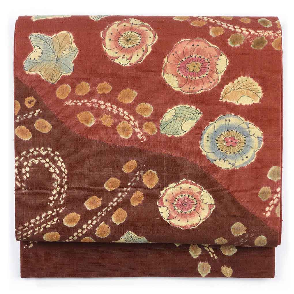 袋帯 リサイクル帯 幅30cm 長さ438cm レディース 辻ヶ花 秋冬春用 正絹（シルク）ブラウン 美品 リメイク リユース【ランクA】